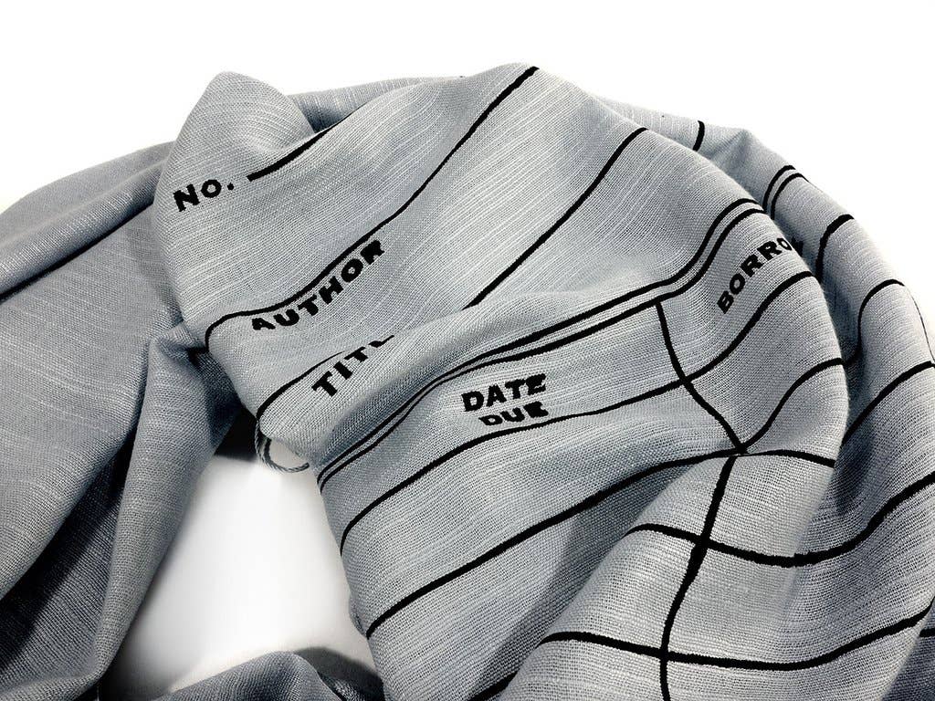 Scarf: Library Date Due Card. Linen-Weave Pashmina (Black on Silver)