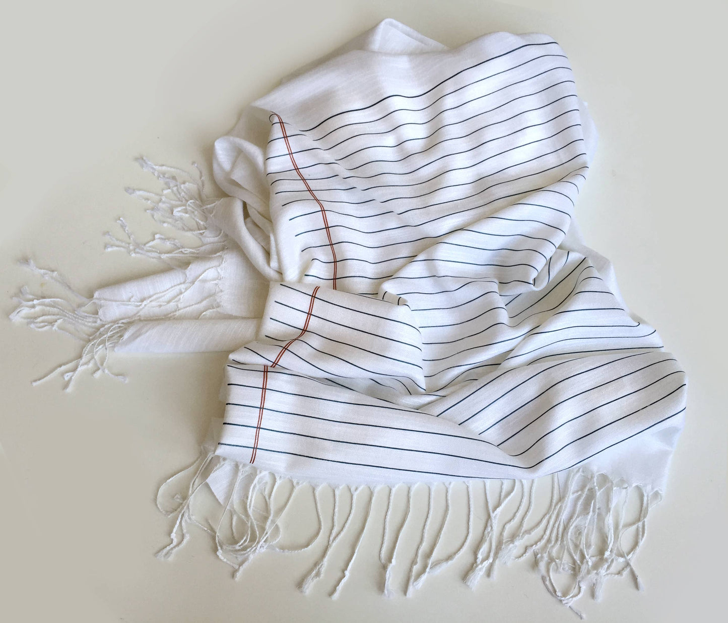 Scarf: College Ruled. Lined Paper Linen-Weave Pashmina (Cornflower & Dark Salmon on White)