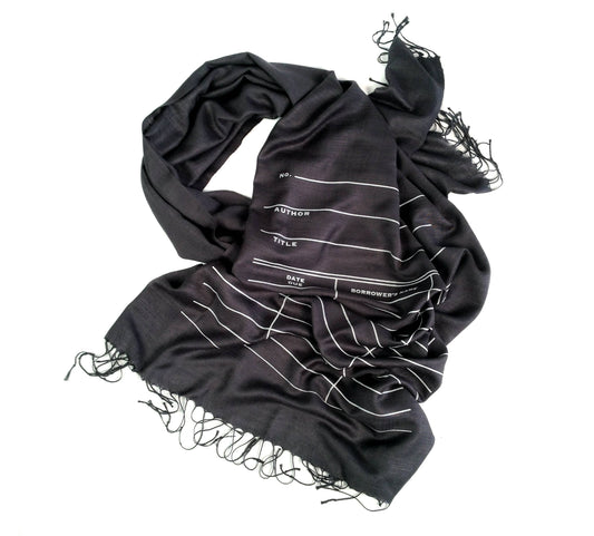 Scarf: Library Date Due Card. Linen-Weave Pashmina (White on Black)