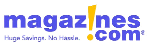 Logo of magazines.com with blue text and a yellow dot on a white background