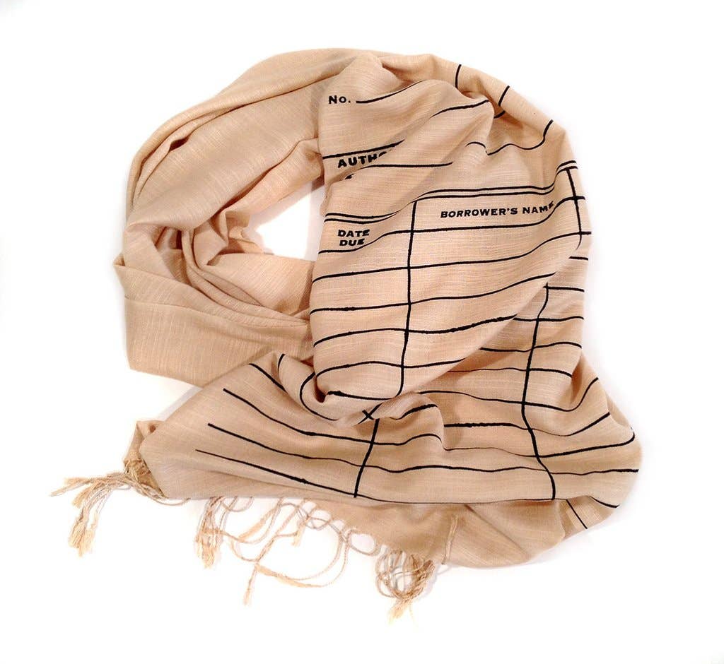 Scarf: Library Date Due Card. Linen-Weave Pashmina (Black on Cream)